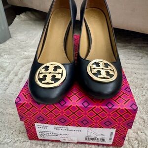 Tory Burch Black Benton Pumps with Gold Logo